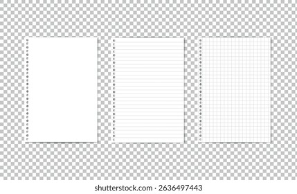 Realistic Notebook Paper Sheets Set Blank, Lined, and Grid. Vector template of white notebook paper collection with ring binding holes. 