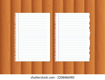 Realistic notebook papers isolated on wood background