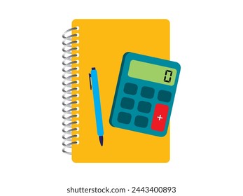 Realistisches Notebook mit Stift und Rechner. Frühlingsrollen-Spiralhefte, Memo-Icon, Notizbücher-Icon, Taschenrechner-Icon, Stiftsymbol. Schulhausaufgaben. Kann für Poster, Infografik verwendet werden. 
