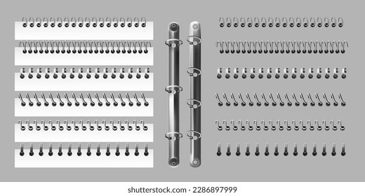 Espiral de cuadernos realista. Enlace de páginas de papel. Bobina y aglutinantes de anillos. Papelería de libros o calendarios como el cuaderno de bocetos. Marcadores de acero metálico. Hojas cosiendo. Conjunto aislado exacto del vector