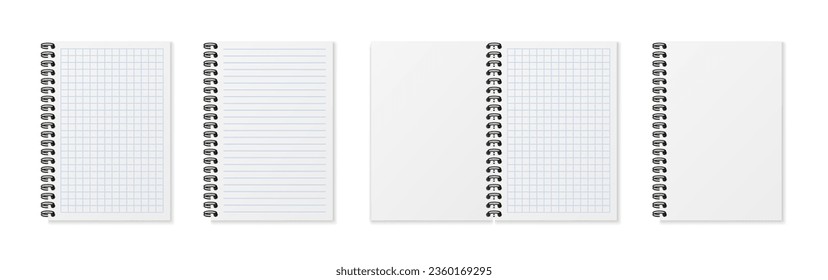 Realistic notebook with spiral. School sheets with lines and grid. Paper notepad set. Blank copybook for education. Diary page with shadow. vector illustration.