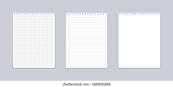 Realistic notebook with squared and line sheets. Set of paper sheets.