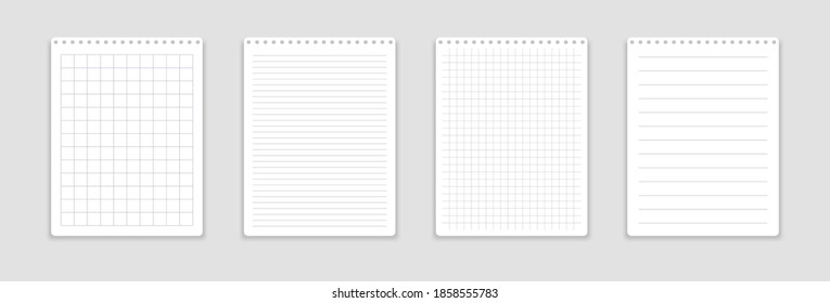 Realistic notebook with squared and line sheets. Set of paper sheets.