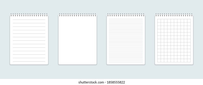 Realistic notebook with squared and line sheets. Set of different notepad.