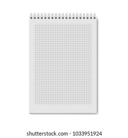 Realistic notebook template A5, grid cage 5 mm millimeter. Vector notepad mock up. Blanc vertical notebook with metallic spiral. Realistic copybook clean page with shadow on spiral binder. EPS10