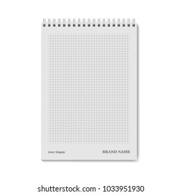 Realistic notebook template A5, grid cage 5 mm. Vector notepad mock up for business. Blanc vertical notebook with metallic spiral. Realistic copybook clean page with shadow on spiral binder. EPS10