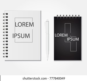 Realistic notebook vector set, Notepad black,white and Pen Set Of Corporate Identity And Branding Stationery Templates. Illustration Isolated On White Background.Mock Up Template Ready For Your Design