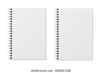 Libros realistas. El cuaderno de dibujo en blanco acolchado con puntos para escribir o pintar. Libro blanco de copybook con encuadernador de espiral, organizador con hojas limpias, conjunto de vectores de parodia de oficina o de oficina o de oficina