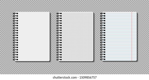 Realistic notebooks lined and dots paper page isolated on transparent background. Art design clean spiral notepad blank mockup template