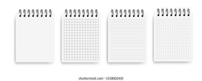 Realistic notebooks lined and dots paper page isolated on white background. Notepad blank mockup template vector illustration
