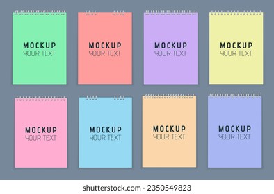 Realistic notebooks with metal spiral. Set of colorful notebooks with paper on gray background. Paper sheets in flat style. Artistic design mockup for your text. Vector illustration, EPS 10.