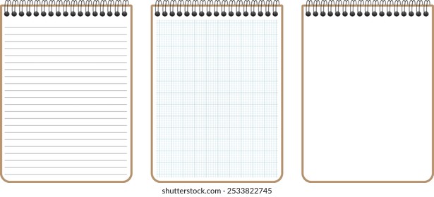 Realistic notepad. Lined, Geometric Graph sheet. Blank sheets of notebook with grid for homework and exercises. Creative vector illustration mock up diary.