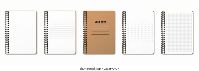 Realistic notepad. Lined, gridded and dotted sheets. Blank sheets of notebook with grid for homework and exercises. Vertical spiral. Creative vector illustration mock up diary.