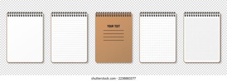 Realistic notepad. Lined, gridded and dotted sheets. Blank sheets of notebook with grid for homework and exercises. Horizontal spiral. Creative vector illustration mock up diary.