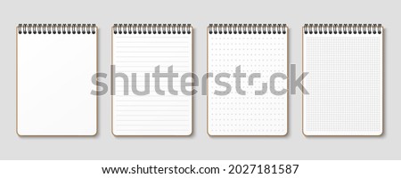 Realistic notepad. Lined, gridded and dotted sheets. Blank sheets of notebook with grid for homework and exercises. Horizontal spiral. Creative vector illustration mock up diary.