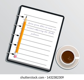 Realistic notepad notebook with text, pencil and cup of coffee isolated on white table. Diary for business. Office stationery items. Flat design for school, education and paperwork
