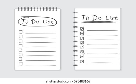 Realistic notepad with spiral. To do list icon with hand drawn text. School business diary. Office stationery notebook on isolated background