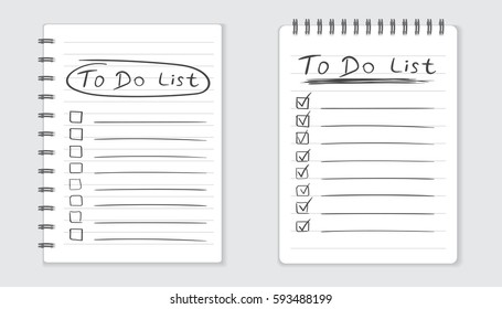 Realistic notepad with spiral. To do list icon with hand drawn text. School business diary. Office stationery notebook on isolated background