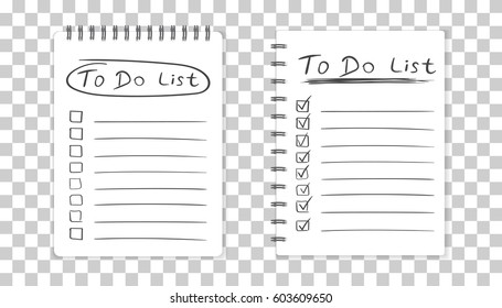 Realistic notepad with spiral. To do list icon with hand drawn text. School business diary. Office stationery notebook on isolated background