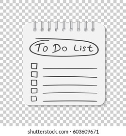 Realistic notepad with spiral. To do list icon with hand drawn text. School business diary. Office stationery notebook on isolated background