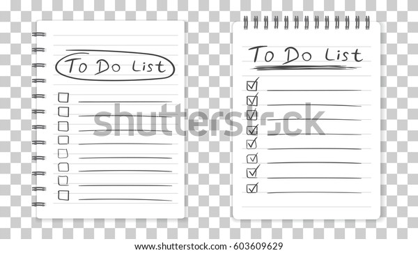 Realistic notepad with spiral. To do list icon\
with hand drawn text. School business diary. Office stationery\
notebook on isolated\
background