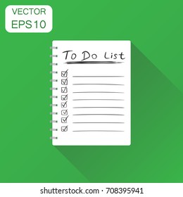 Realistic notepad with spiral icon. Business concept to do list icon with hand drawn text pictogram. Vector illustration on green background with long shadow.