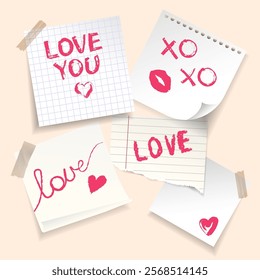 Realistic notes paper with Love message written with lipstick set. Love notes template.Vector illustration