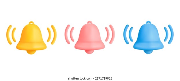 Realistic notice bell. Floating 3d alarm clock bells sound notification, isolated reminder icon contact new message, render sign interface event subscribe, tidy vector illustration of bell for chat