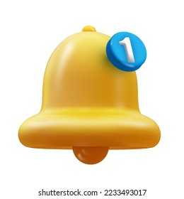 Icono de timbre de notificación realista 3d aislado en fondo blanco. Nuevo concepto de notificación. Elemento de medios sociales.