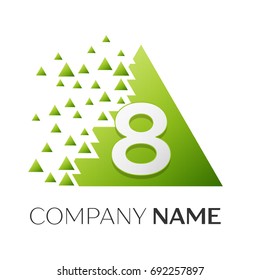 Realistic number eight vector logo symbol in the colorful triangle with shattered blocks on white background. Pixel Motion. Vector template for your design