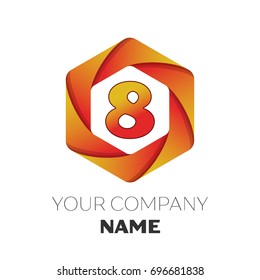 Realistic number eight vector logo symbol in the colorful hexagonal on white background. Vector template for your design