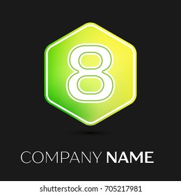 Realistic number eight vector logo symbol in the colorful hexagonal on black background. Vector template for your design