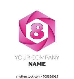 Realistic number eight vector logo symbol in the colorful hexagonal on white background. Vector template for your design