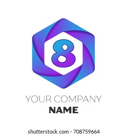 Realistic number eight vector logo symbol in the colorful hexagonal on white background. Vector template for your design