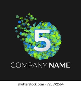 Realistic Number five logo with blue, green, yellow particles and bubble dots in circle on black background. Vector template for your design