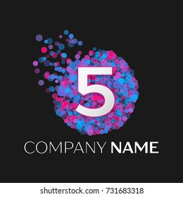 Realistic Number five logo with blue, purple, pink particles and bubble dots in circle on black background. Vector template for your design