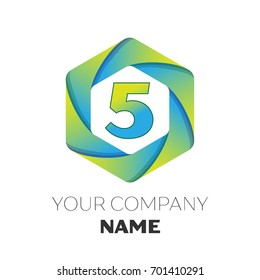 Realistic number five vector logo symbol in the colorful hexagonal on white background. Vector template for your design