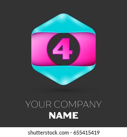 Realistic Number four vector logo symbol in the colorful hexagonal on black background. Vector template for your design