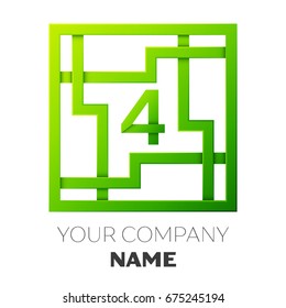 Realistic Number four vector logo symbol in the colorful square maze on white background. Shadow Breaks. Vector template for your design