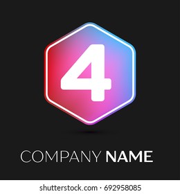 Realistic number four vector logo symbol in the colorful hexagonal on black background. Vector template for your design