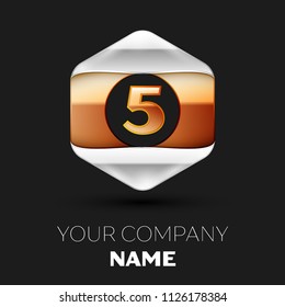 Realistic Number Letter Five logo symbol in the colorful silver-golden hexagonal shape on black background. Vector template for your design