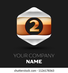 Realistic Number Letter Two logo symbol in the colorful silver-golden hexagonal shape on black background. Vector template for your design