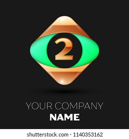 Realistic Number Letter Two logo symbol in the colorful golden-green square shape on black background. Vector template for your design