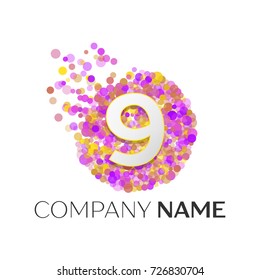 Realistic Number nine logo with red, purle, yellow particles and bubble dots in circle on white background. Vector template for your design