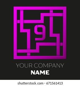 Realistic Number nine vector logo symbol in the colorful square maze on black background. Shadow Breaks. Vector template for your design