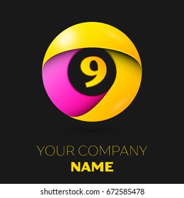 Realistic number nine vector logo symbol in the colorful circle on black background. Vector template for your design