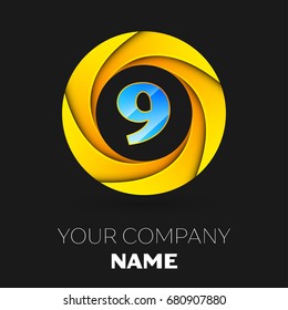 Realistic number nine vector logo symbol in the colorful circle on black background. Vector template for your design