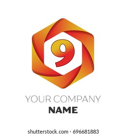 Realistic number nine vector logo symbol in the colorful hexagonal on white background. Vector template for your design