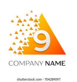 Realistic number nine vector logo symbol in the colorful triangle with shattered blocks on white background. Pixel Motion. Vector template for your design