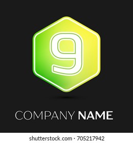 Realistic number nine vector logo symbol in the colorful hexagonal on black background. Vector template for your design